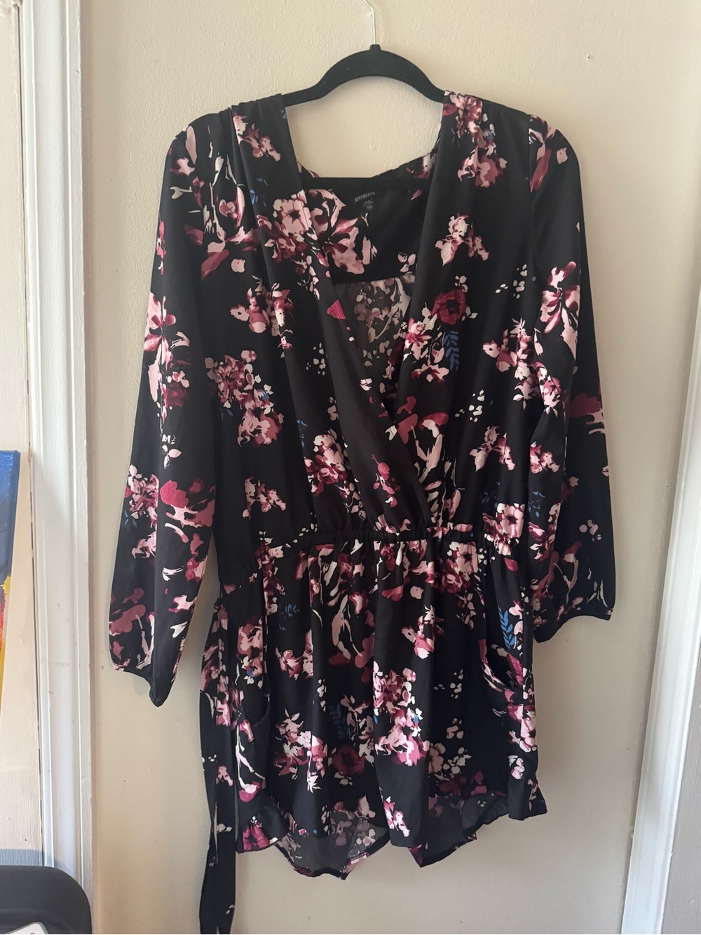 Black Floral Wrap Romper with Pink Accents